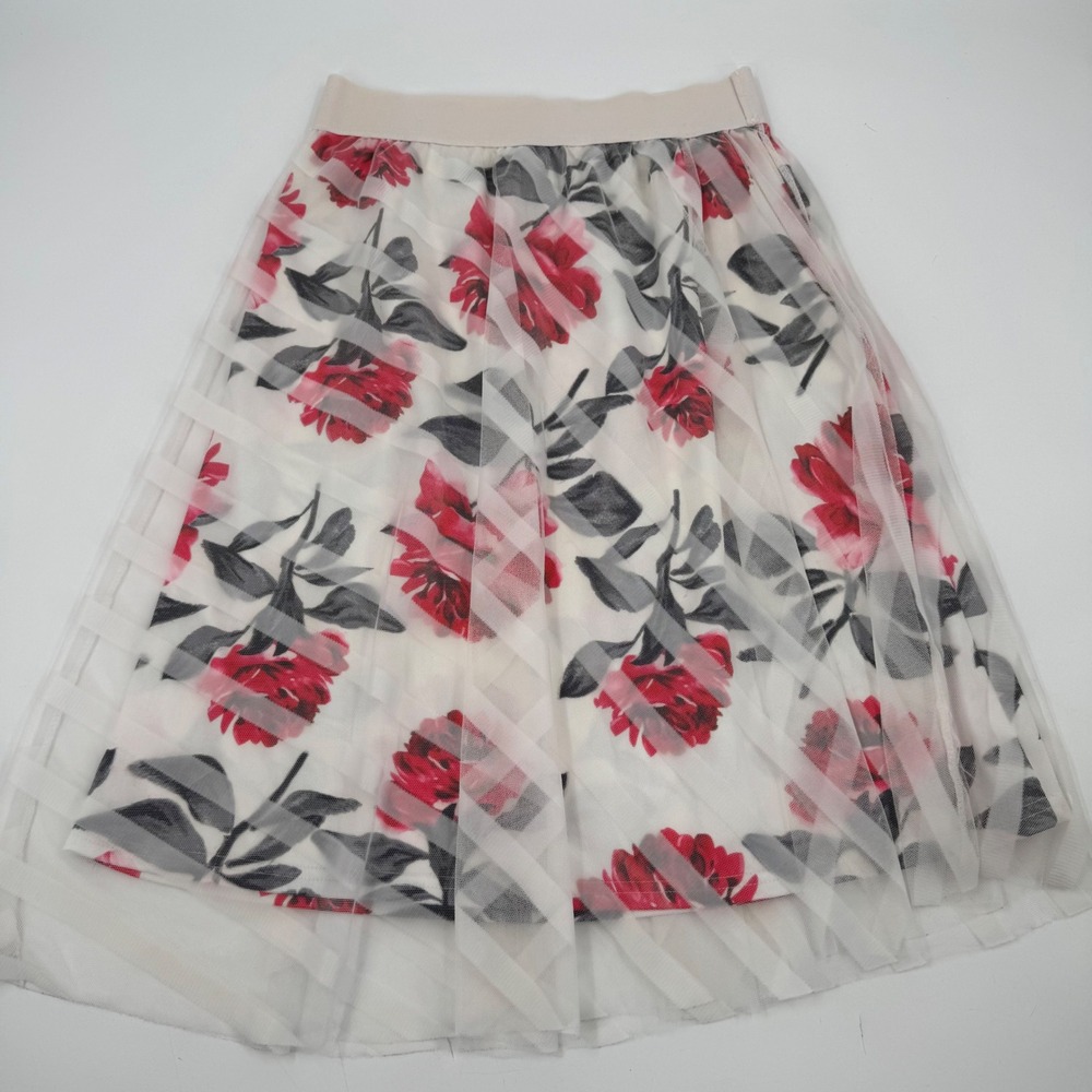 Metrowear Floral Tulle Overlay Skirt Red Gray White Women's Size Small